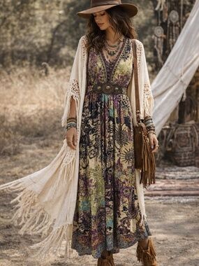 Ice maxi dress 10 pink/green floral beads stretch sleeveless boho festival hippi